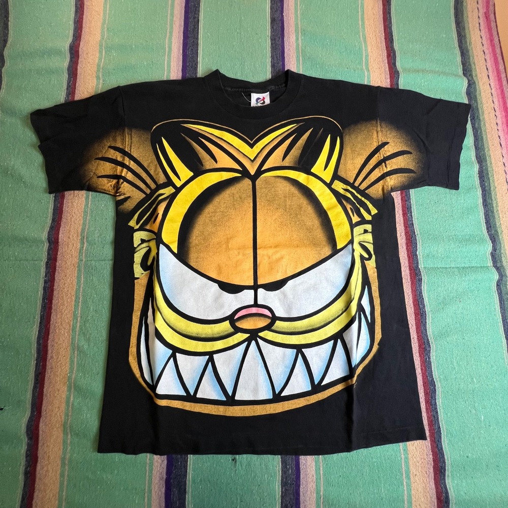 Vintage Signal Garfield T-Shirt Mens L Black All Over Print 90s Single Stitch
